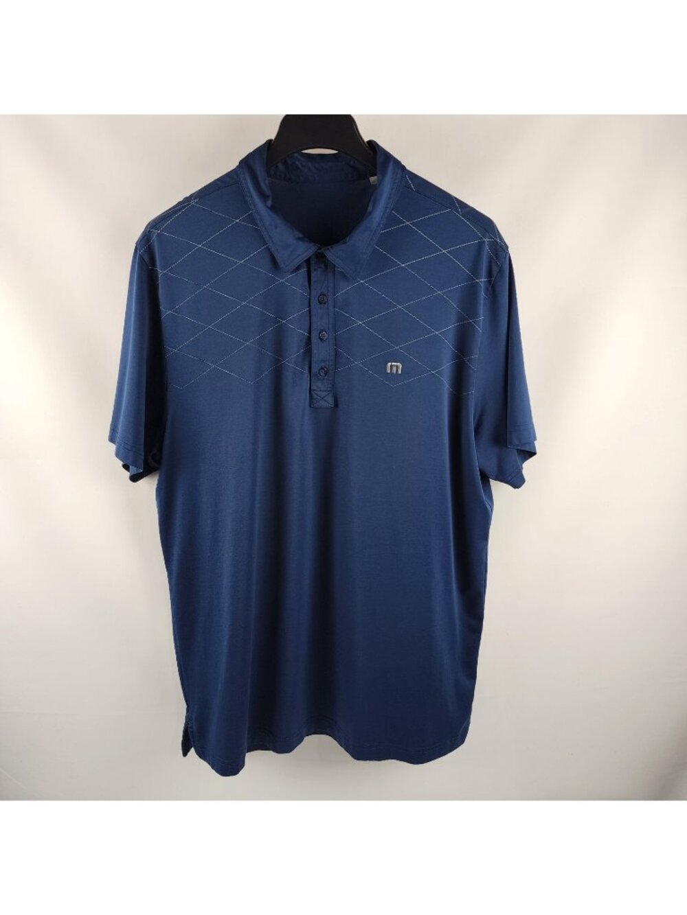 Travis Mathew Shirt Mens XXL Navy Blue Golf Geometric Polo Short Sleeve Logo